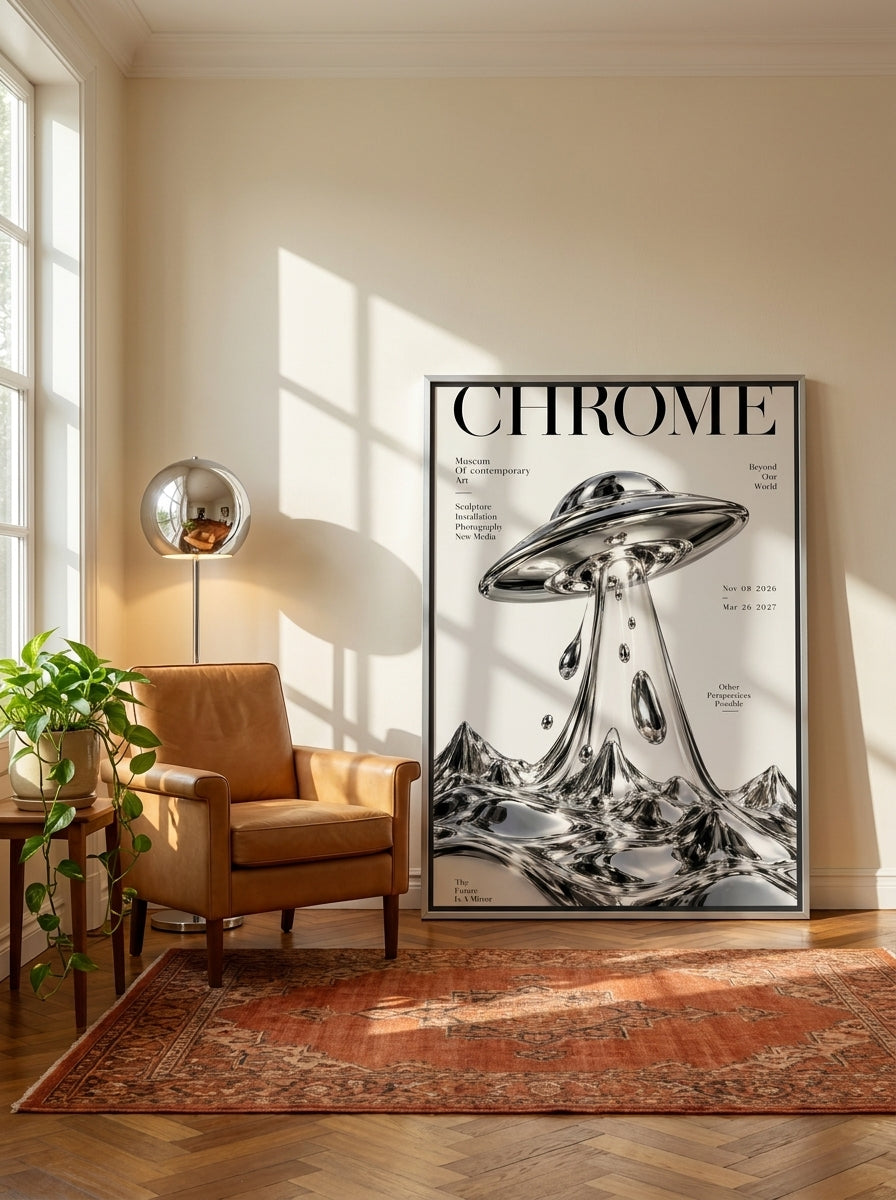 Canvas wall art with a silver leaf surround leaning against the wall in a retro 70s home office