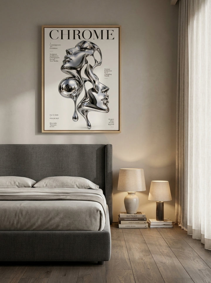 Oversized statement canvas wall art with a natural timber surround styled on the wall in a luxe bedroom