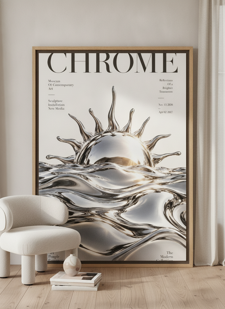 Oversized statement canvas wall art with a natural timber surround leaning against the wall in a luxe bedroom
