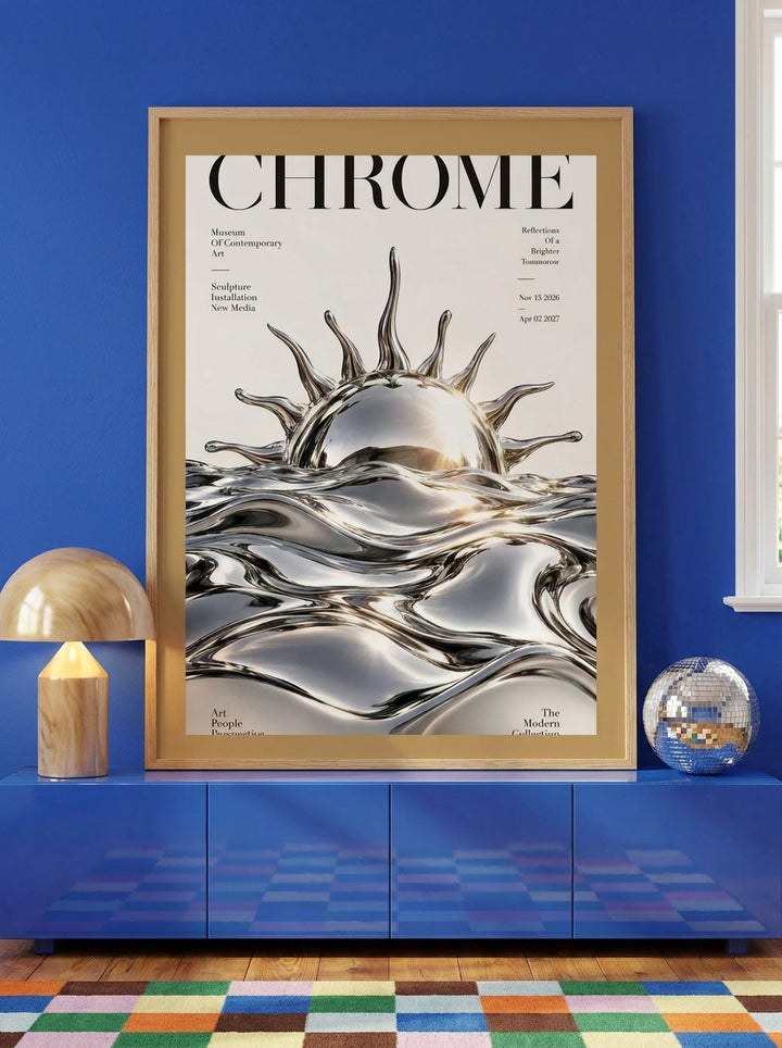 Modern wall art print standing on a sideboard in a colourful eclectic dining room