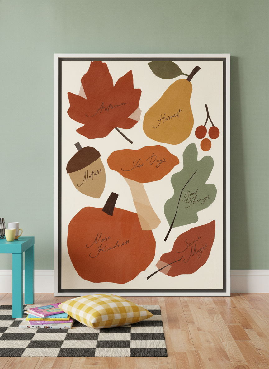 Oversized statement canvas wall art with a white surround leaning against the wall in a colourful eclectic dining room