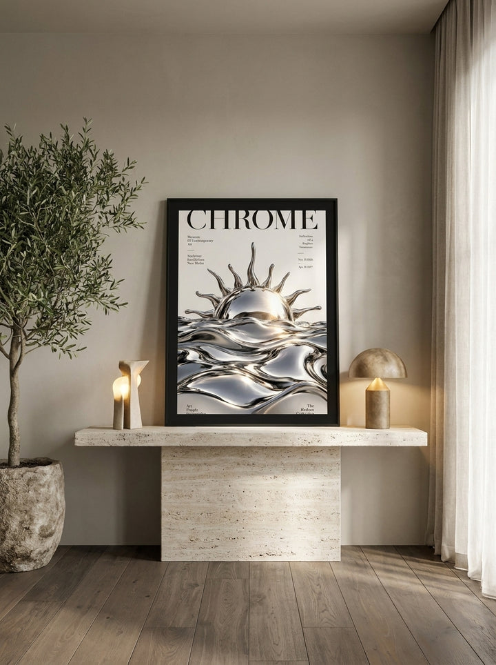 Modern wall art print standing on a console in a luxe home office