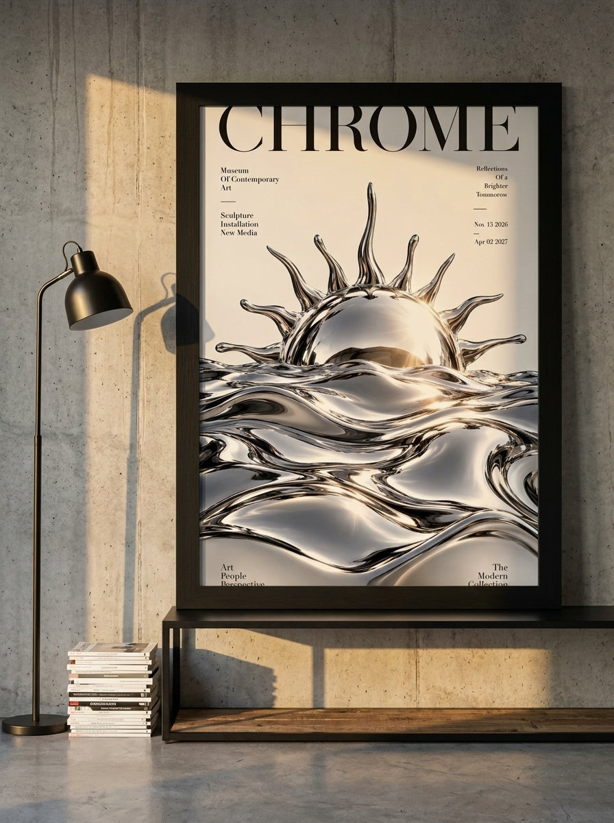 Modern wall art print standing on a console in an industrial loft bedroom