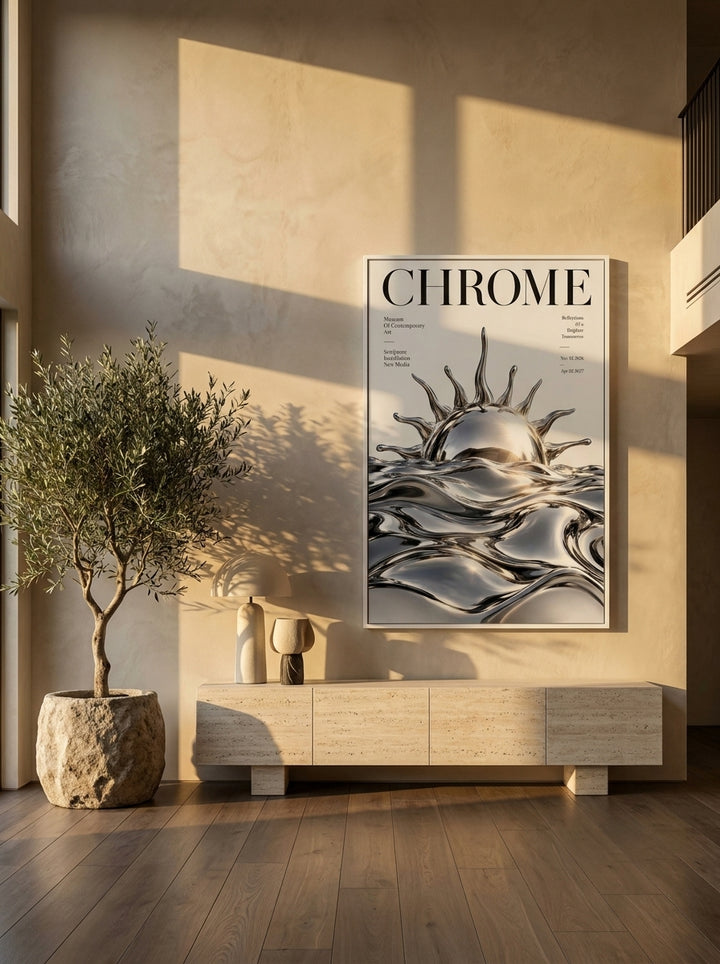 Oversized statement modern wall art print styled on the wall in a luxe living room