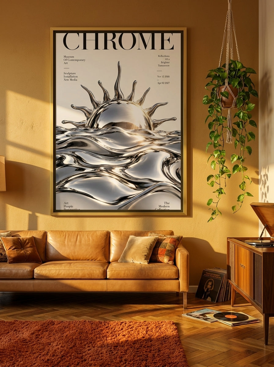 Oversized statement canvas wall art with a gold leaf surround styled on the wall in a retro 70s living room
