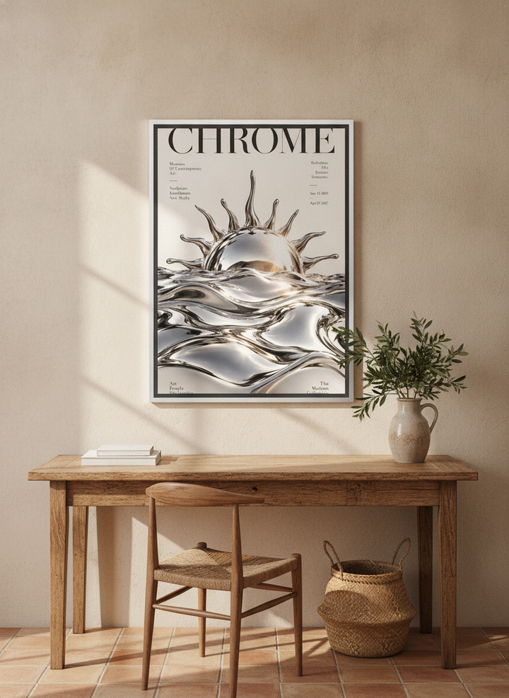 Canvas wall art with a silver leaf surround styled on the wall in a Mediterranean home office