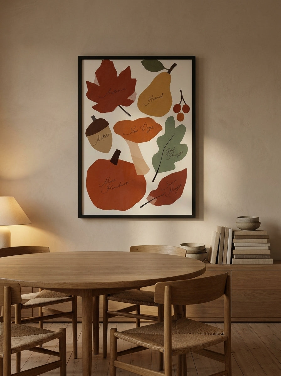 Oversized statement modern wall art print styled on the wall in a warm Japandi dining room