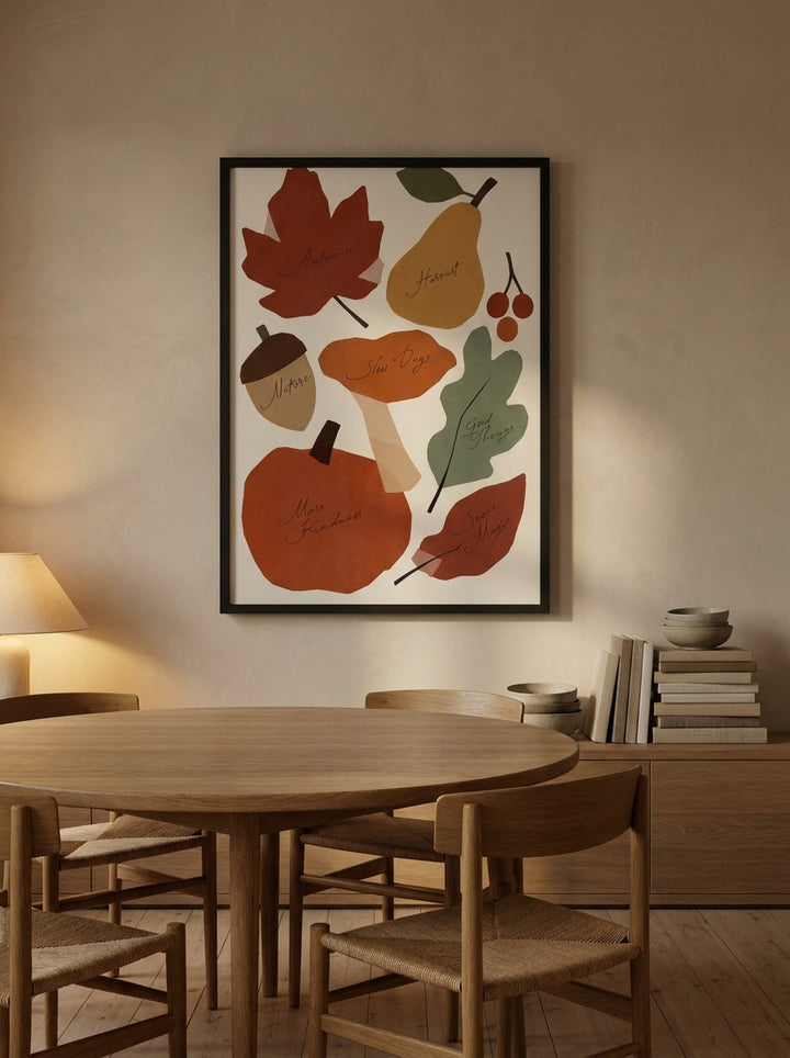 Oversized statement modern wall art print styled on the wall in a warm Japandi dining room