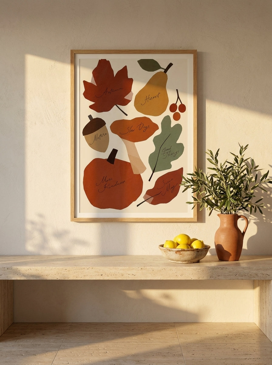 Modern wall art print styled on the wall in a Mediterranean kitchen
