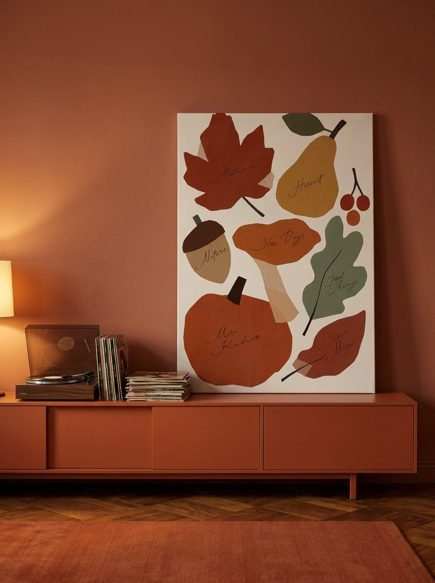 Stretched canvas wall art standing on a sideboard in a retro 70s dining room
