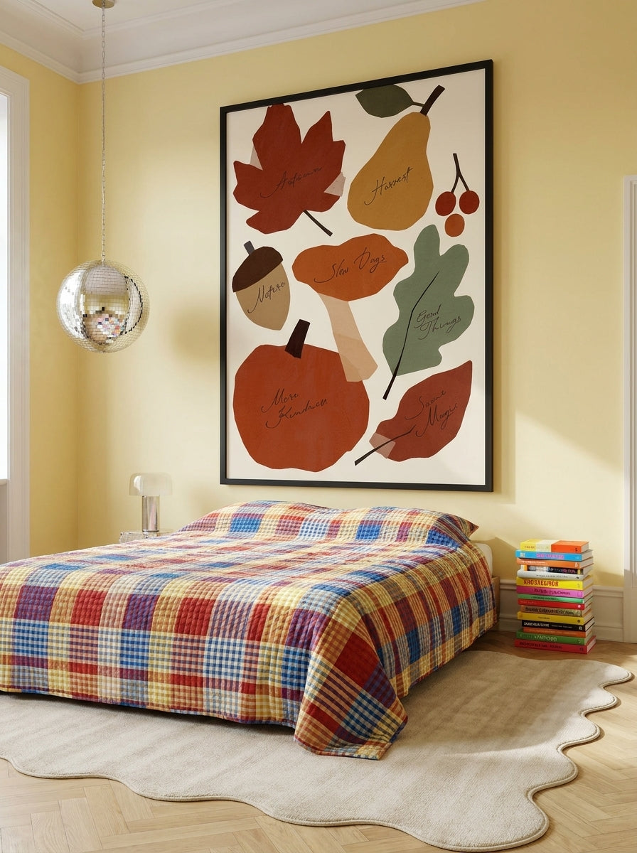 Oversized statement modern wall art print styled on the wall in a colourful eclectic bedroom