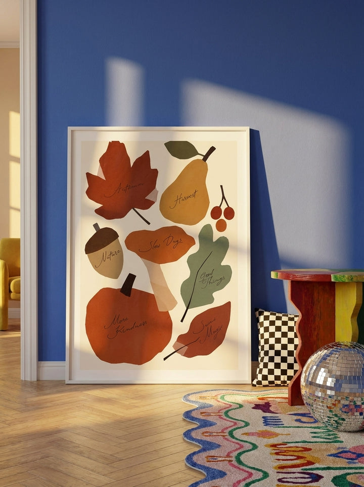 Modern wall art print leaning against the wall in a colourful eclectic living room