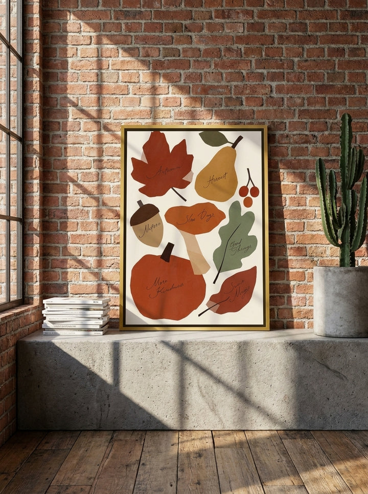 Canvas wall art with a gold leaf surround standing on a kitchen bench in an industrial loft kitchen