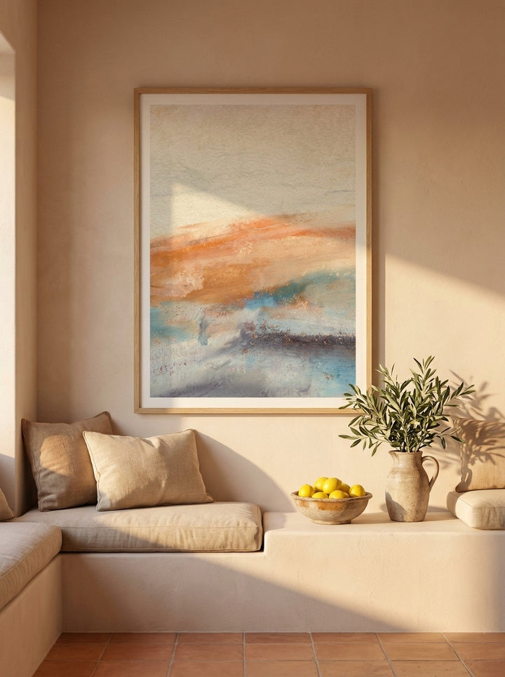 Modern wall art print styled on the wall in a Mediterranean living room