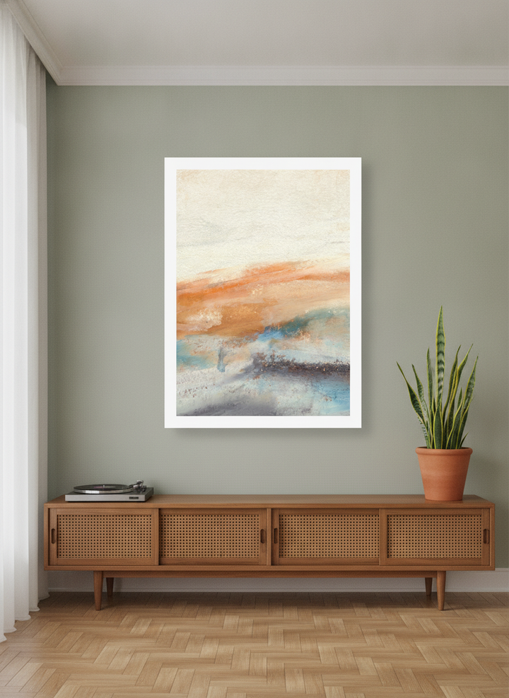 Oversized statement modern wall art print styled on the wall in a mid-century living room