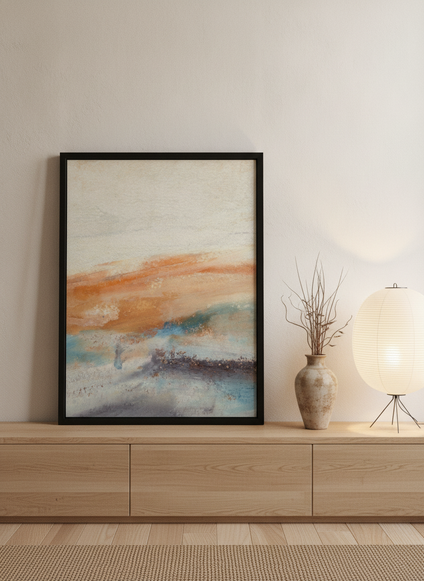 Modern wall art print standing on a sideboard in a warm Japandi bedroom