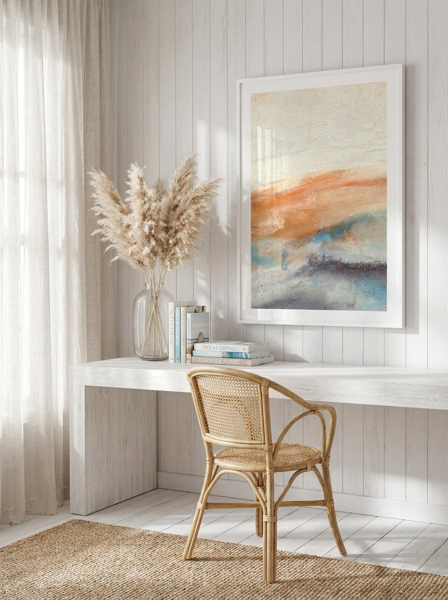 Modern wall art print styled on the wall in a coastal home office