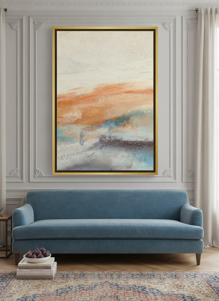 Oversized statement canvas wall art with a gold leaf surround styled on the wall in a Parisian living room