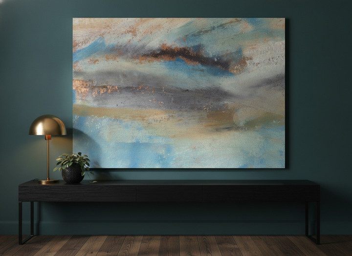 Stretched canvas wall art standing on a console in a moody bedroom