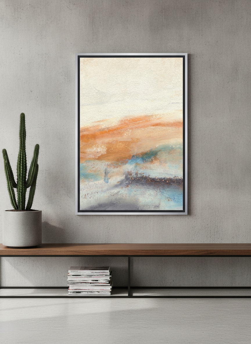 Canvas wall art with a silver leaf surround standing on a console in an industrial loft bedroom