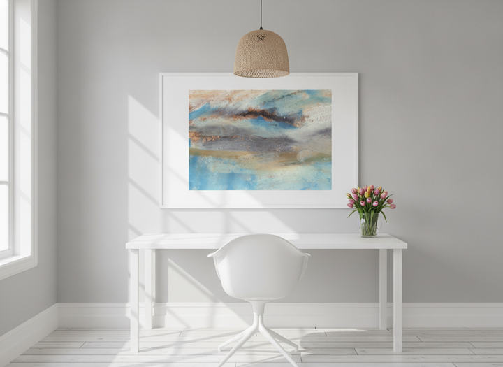 Modern wall art print styled on the wall in a bright Scandinavian home office