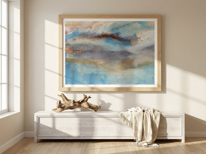 Modern wall art print styled on the wall in a coastal living room