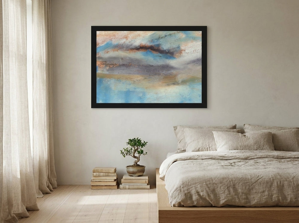 Modern wall art print styled on the wall in a warm Japandi bedroom