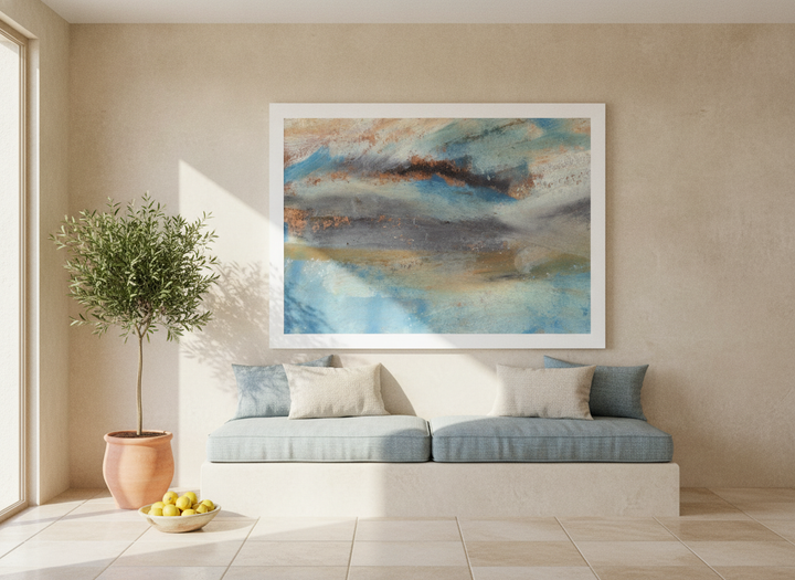 Oversized statement modern wall art print styled on the wall in a Mediterranean living room