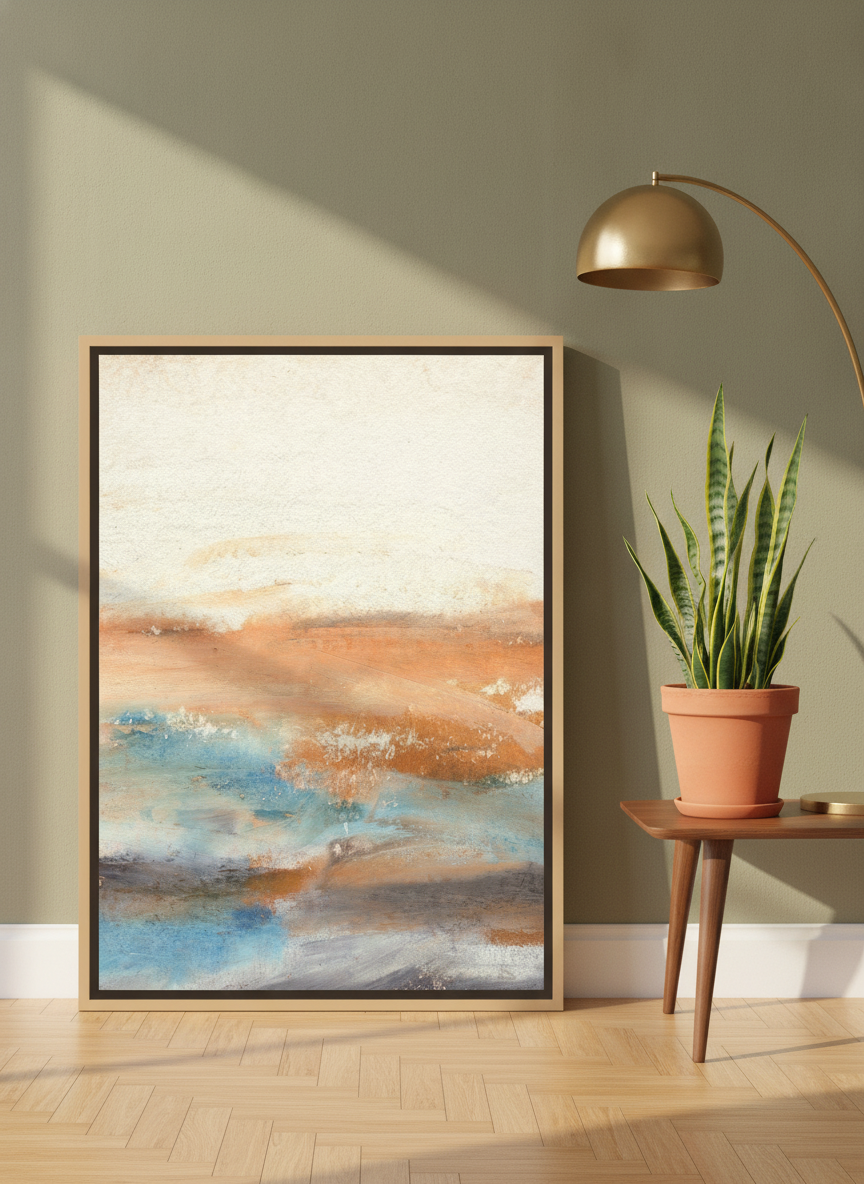 Canvas wall art with a natural timber surround leaning against the wall in a mid-century home office