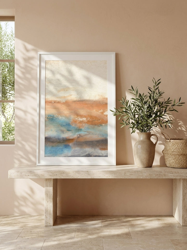 Modern wall art print standing on a console in a Mediterranean home office