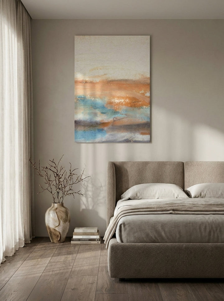 Stretched canvas wall art styled on the wall in a luxe bedroom