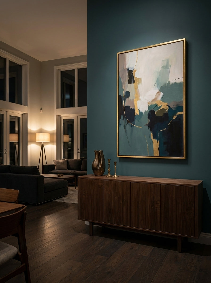 Oversized statement canvas wall art with a gold leaf surround styled on the wall in a moody living room