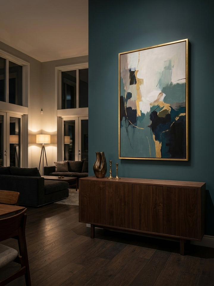 Oversized statement canvas wall art with a gold leaf surround styled on the wall in a moody living room