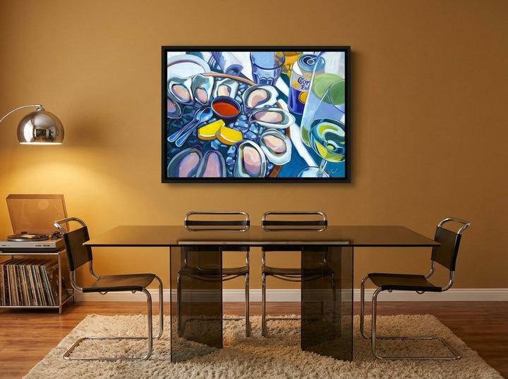 Canvas wall art with a black surround styled on the wall in a retro 70s dining room