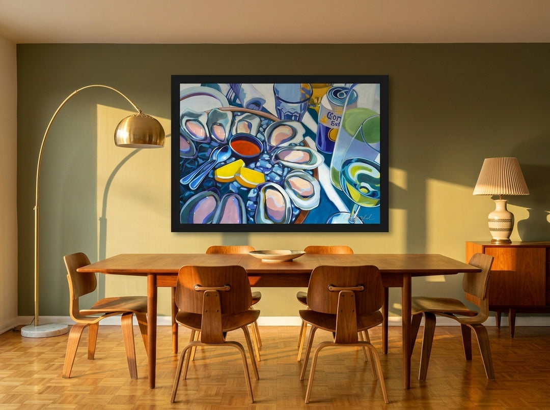 Oversized statement modern wall art print styled on the wall in a mid-century dining room