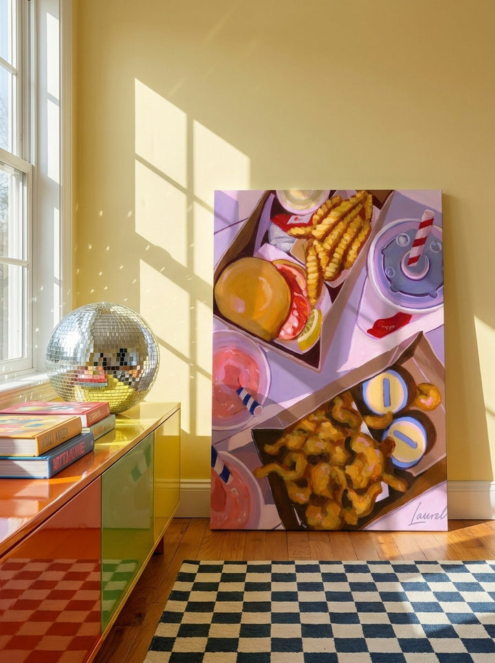 Stretched canvas wall art standing on a sideboard in a colourful eclectic bedroom