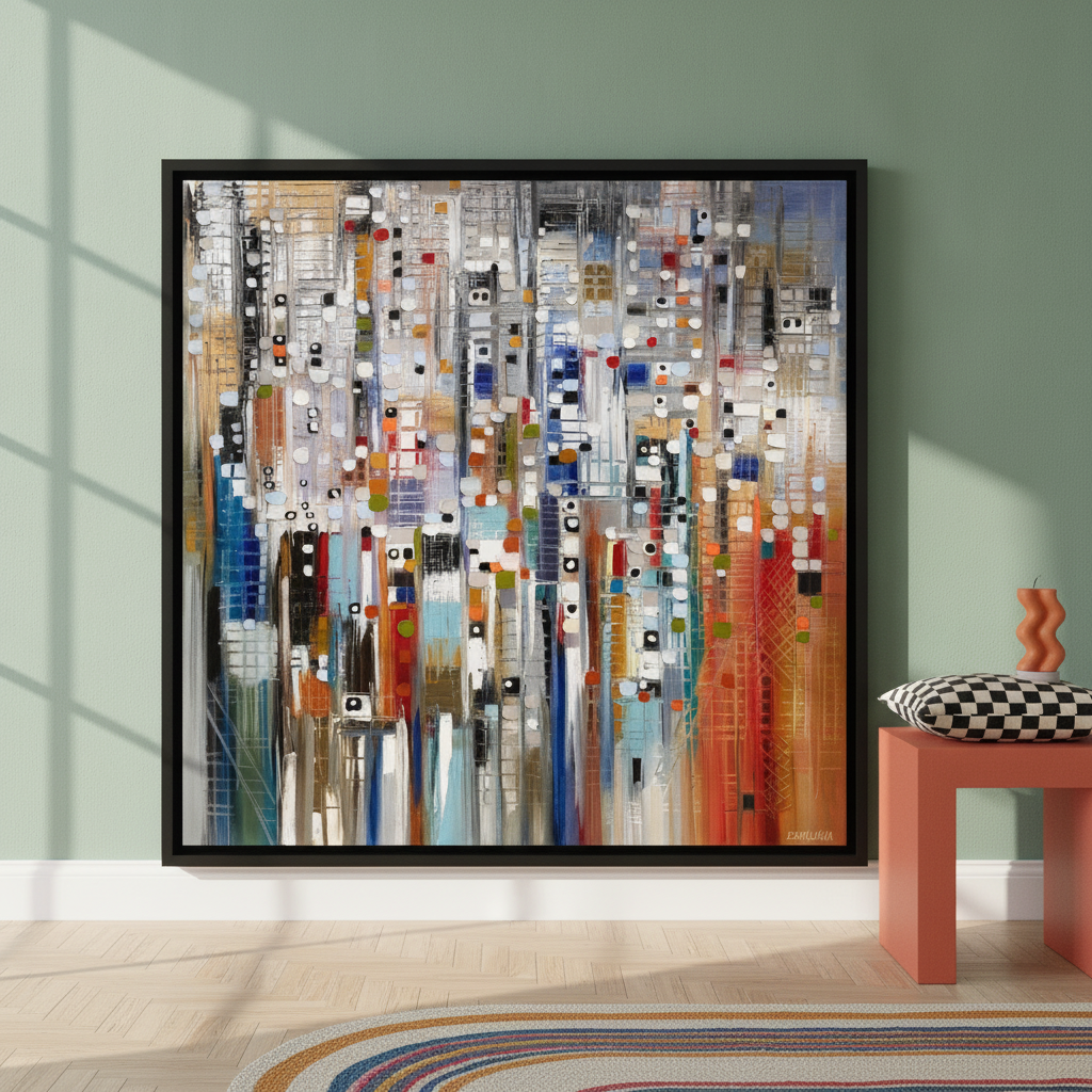 Oversized statement canvas wall art with a black surround leaning against the wall in a colourful eclectic living room