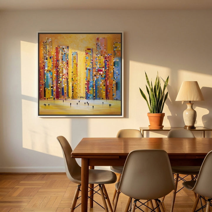 Canvas wall art with a white surround styled on the wall in a mid-century dining room