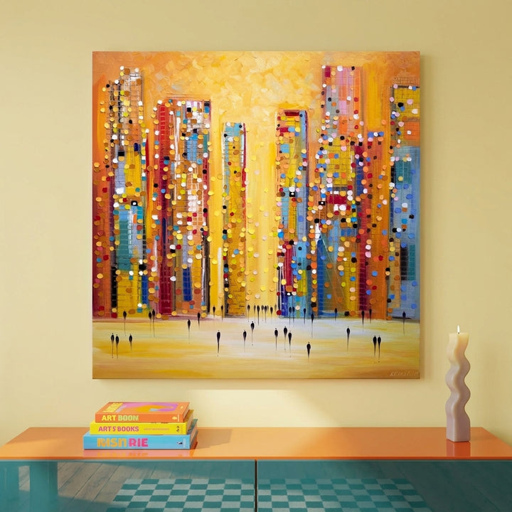 Stretched canvas wall art styled on the wall in a colourful eclectic living room
