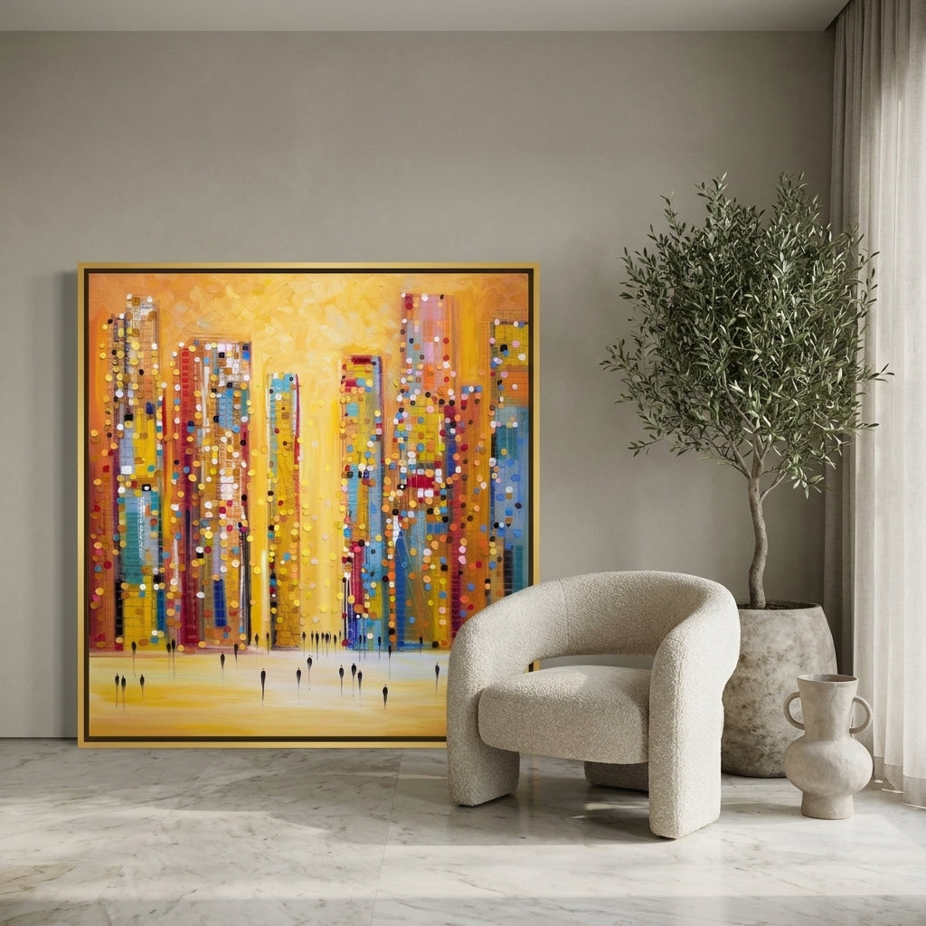 Oversized statement canvas wall art with a gold leaf surround leaning against the wall in a luxe bedroom