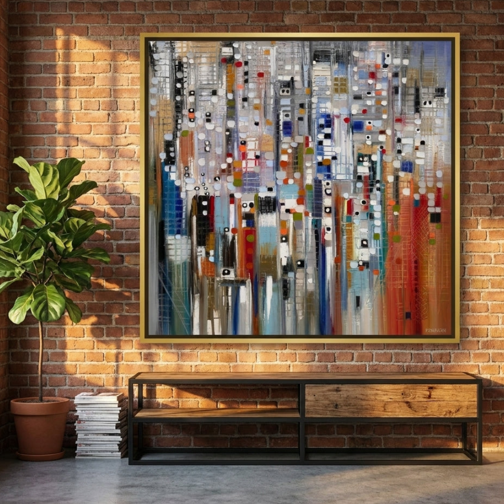 Oversized statement canvas wall art with a gold leaf surround styled on the wall in an industrial loft living room