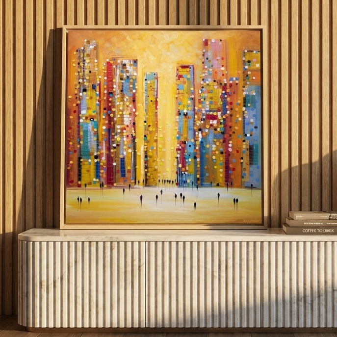 Canvas wall art with a natural timber surround standing on a sideboard in a luxe home office