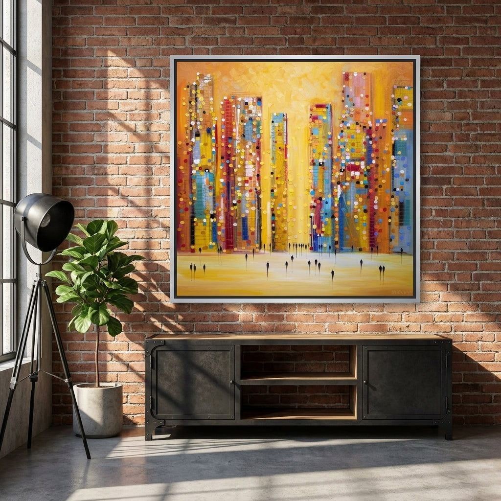 Canvas wall art with a silver leaf surround styled on the wall in an industrial loft living room