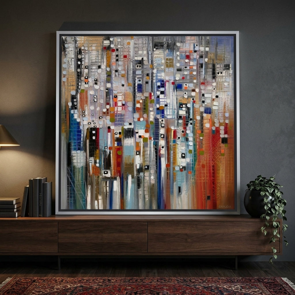 Canvas wall art with a silver leaf surround standing on a sideboard in a moody home office