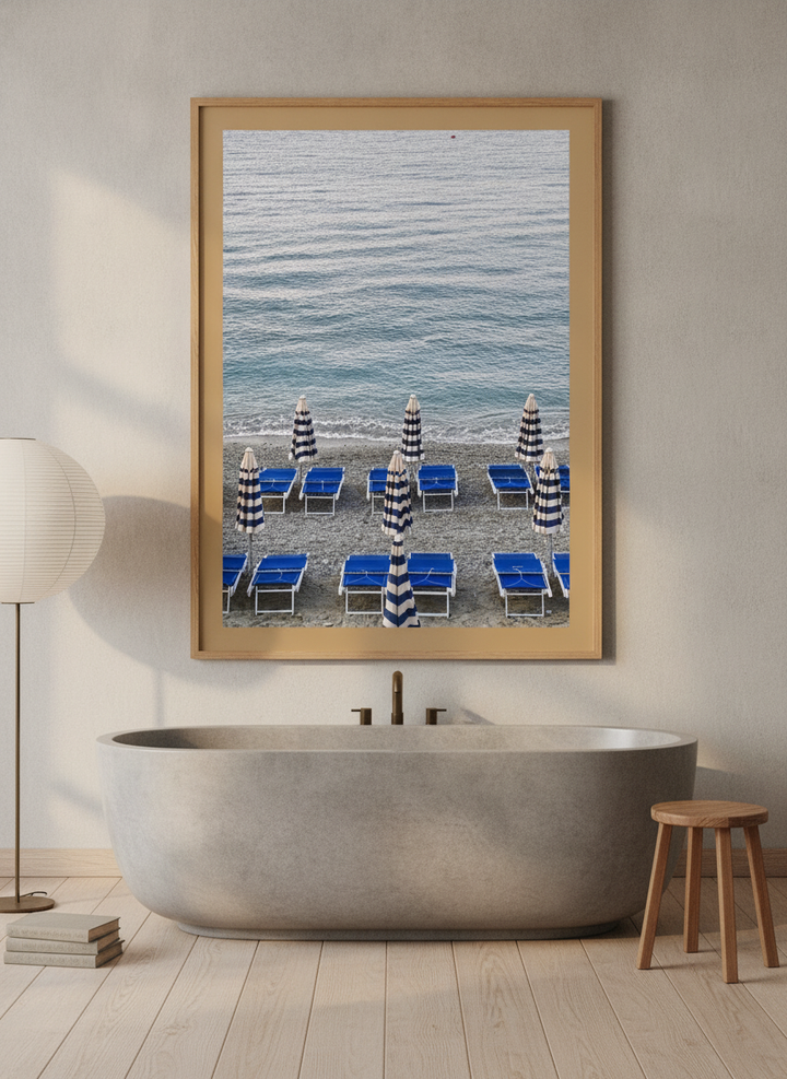 Modern wall art print styled on the wall in a warm Japandi bathroom