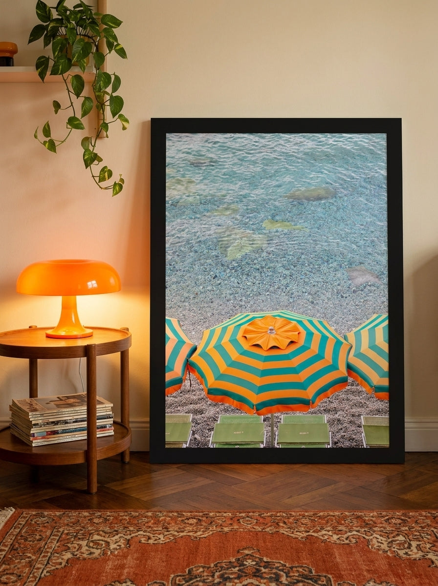 Oversized statement modern wall art print leaning against the wall in a retro 70s dining room