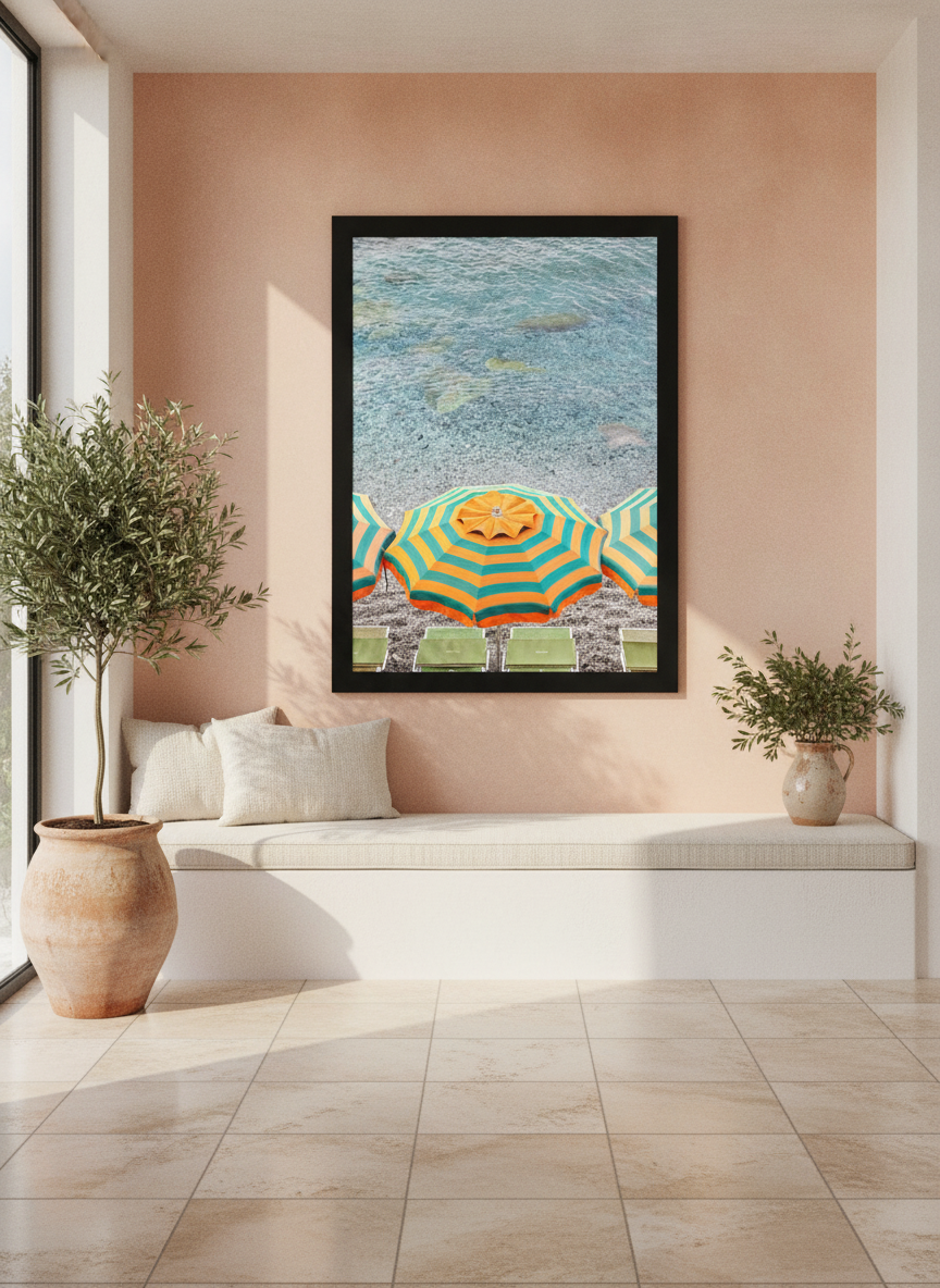 Oversized statement modern wall art print styled on the wall in a Mediterranean living room