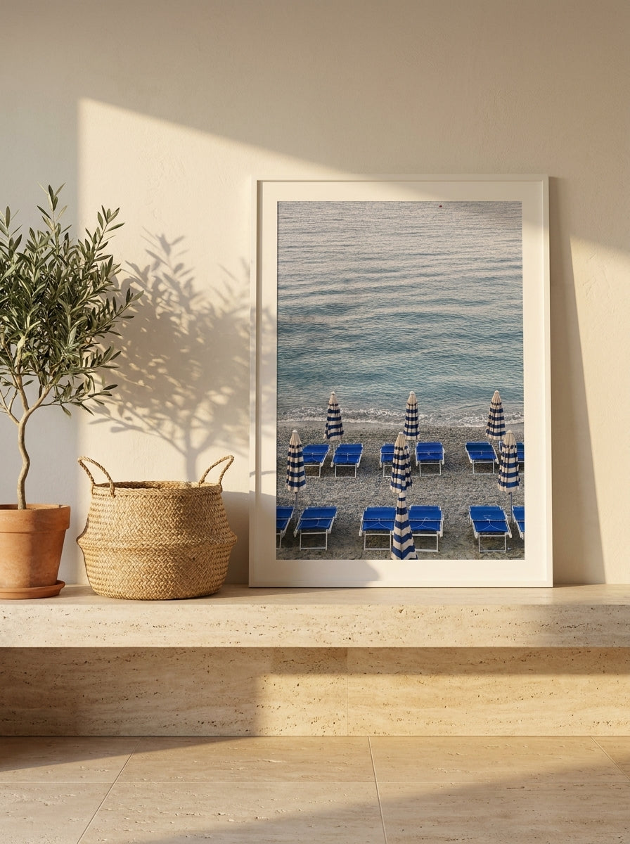 Modern wall art print standing on a console in a Mediterranean bedroom
