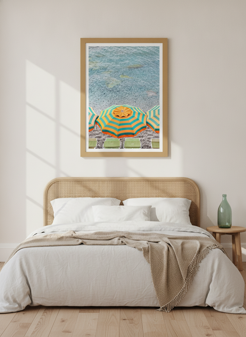 Modern wall art print styled on the wall in a coastal bedroom