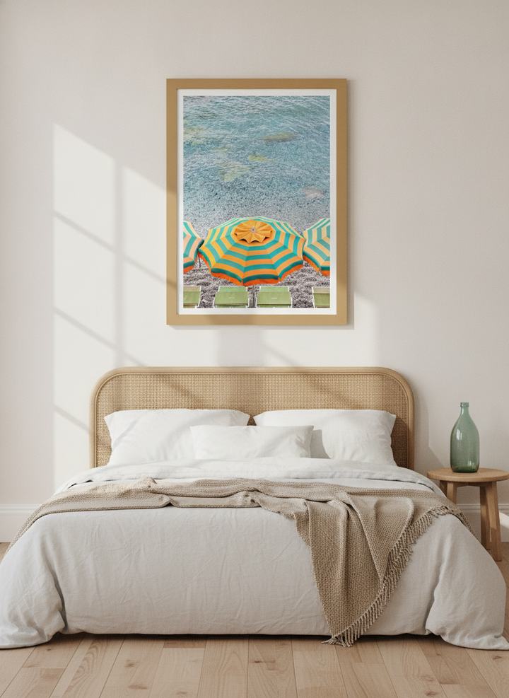 Modern wall art print styled on the wall in a coastal bedroom